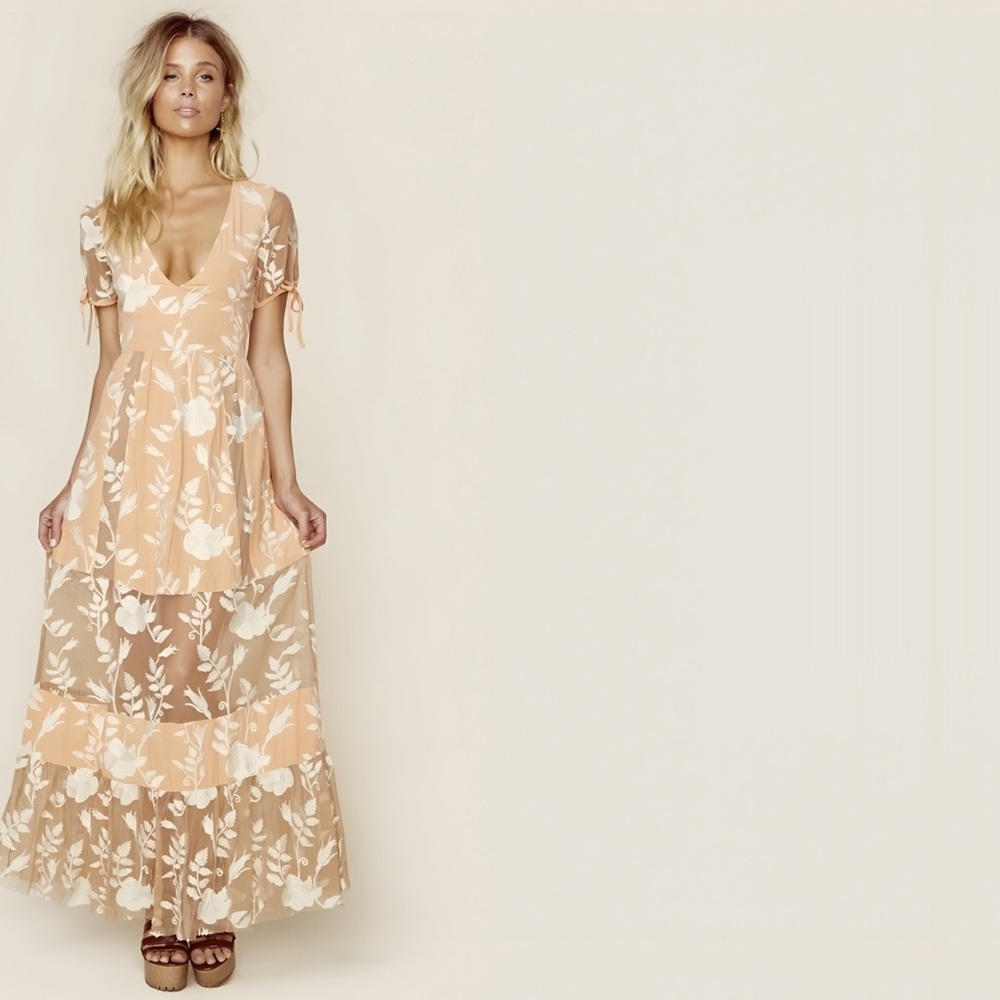 For Love and Lemons | Embroidered Plunge Mia Maxi Dress | Blush Peach Size S - Picture 2 of 14